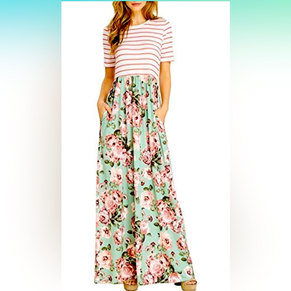 Striped Floral Print Summer Maxi Dress